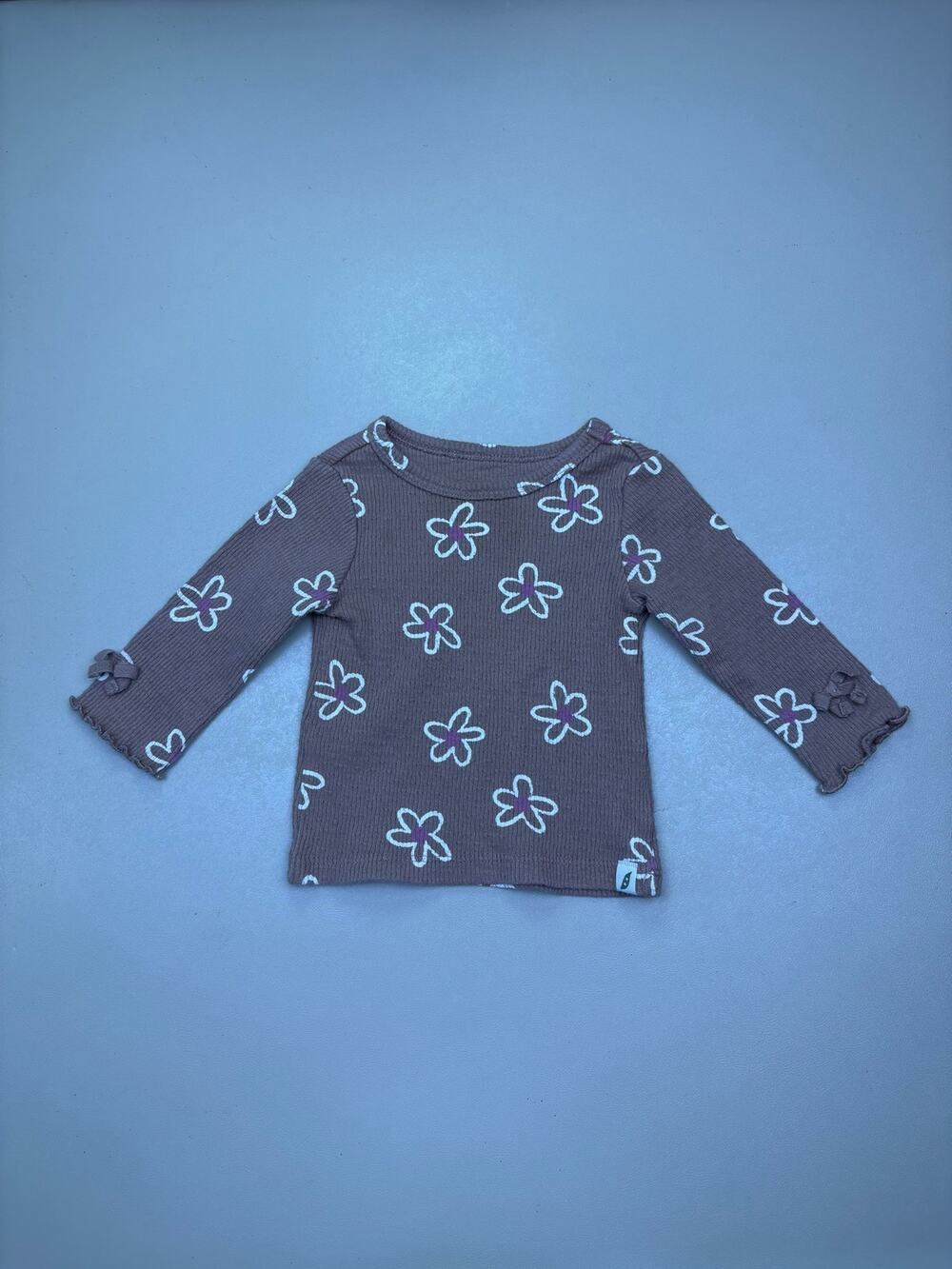 Easy Peasy Organic Cotton Ribbed Floral Long Sleeve Top Brown 3M Baby EUC